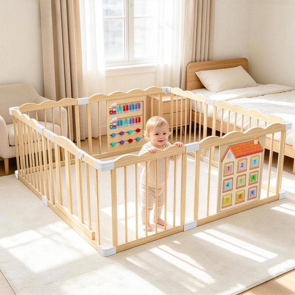 MAPASOVA wooden baby playpen with built-in activity panels, assembled