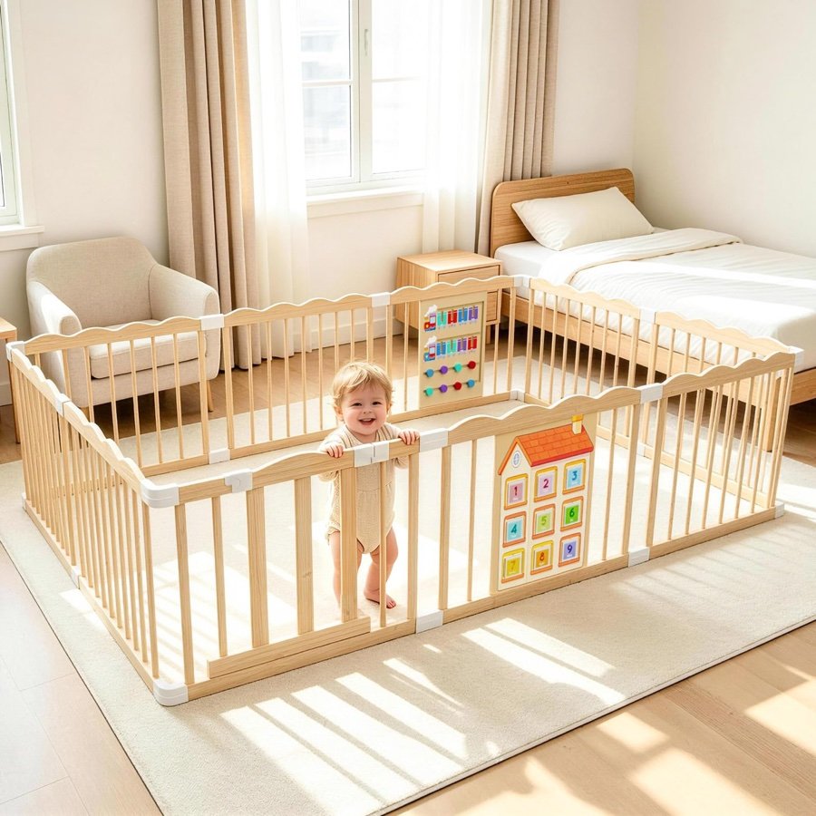 MAPASOVA wooden baby playpen with activity panel, 98 by 65 by 24 inch extended model